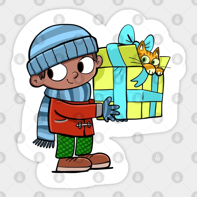 boy is holding a gift with a cat peeking out from it Sticker by duxpavlic